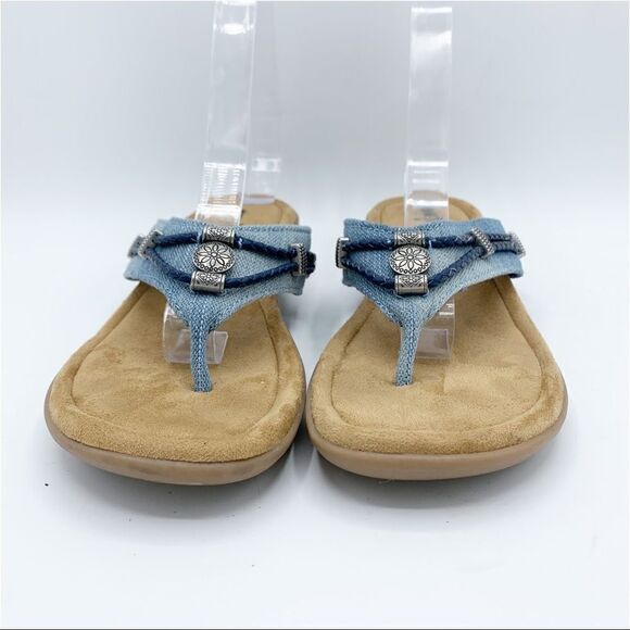 Minnetonka Chambray Silverthrone Wedge Thong Sandals Sz 9 - Picture 5 of 13